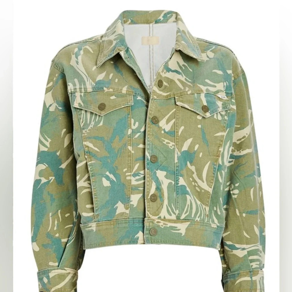 Mother The Fly Away‎ Jacket Green Tropical Camo Cropped Denim Trucker Jacket